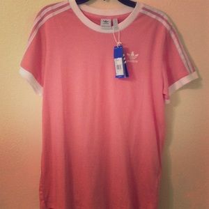pink and white striped adidas oversized tee